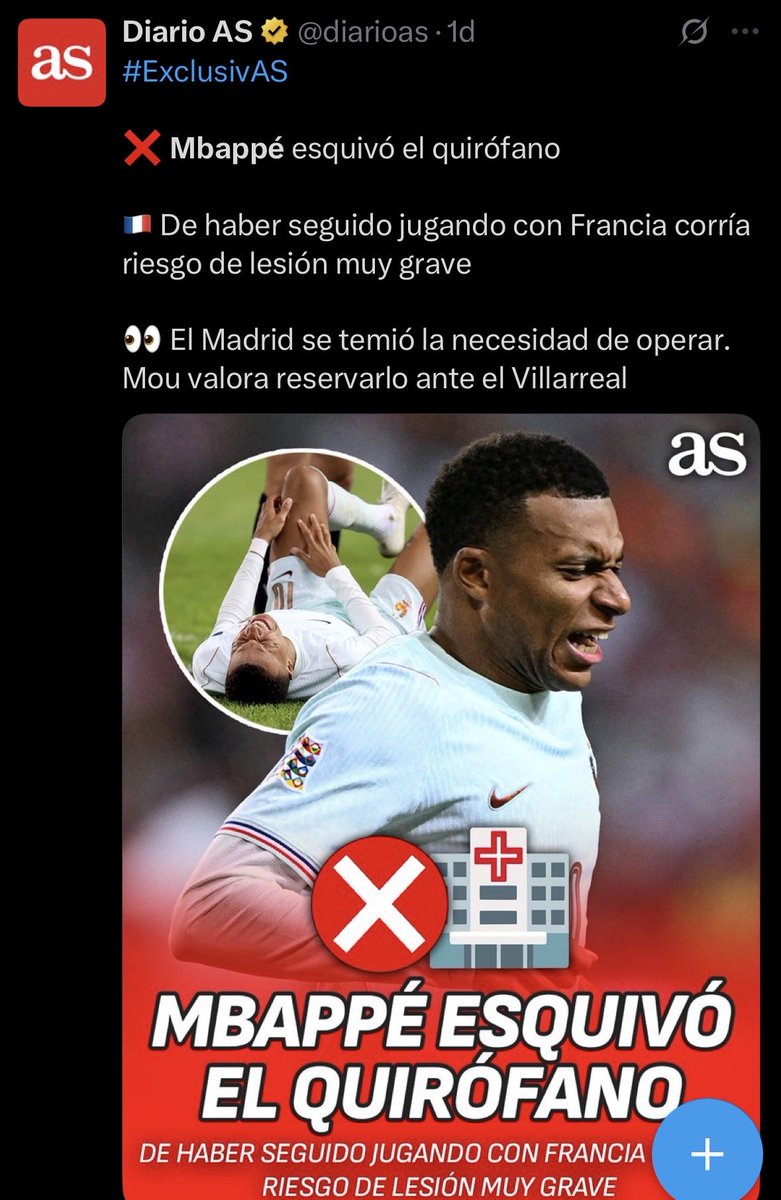 Joshuaakimmich6's tweet photo. 🚨 EL DRAMA MÉDICO DE MBAPPÉ

El diagnóstico no podía ser más dramático: «Mbappé evitó el quirófano».

Nos lo pintaron al borde de la invalidez severa, con un pie en la UVI y la carrera pendiendo de un hilo. Solo faltó que AS solicitara cadenas de oración por su bíceps femoral.

Menos mal que el chaval demostró un coraje sobrehumano.

Cualquier atleta con semejante cuadro clínico se habría quedado en penumbra escuchando música relajante, pero él, desafiando a la ciencia y con el bisturí pisándole los talones, se armó de valor para encarar la prueba más dura: aguantar hasta las 5:00 AM en el reservado de una discoteca.

Y luego llegó la recuperación milagrosa:

Pasar del riesgo de intervención quirúrgica por la mañana a hacer pruebas de esfuerzo cardiorrespiratorio en la pista de baile por la noche es un avance médico que debería estudiar la NASA.

Ver a la caverna redactar un parte médico de guerra para justificar su escaqueo internacional, mientras el “enfermo” celebraba su milagrosa sanación a golpe de DJ, es pura poesía.

#Mbappe #RealMadrid #LaLiga #Futbol #Caverna #PrensaDeportiva #Periodismo #Francia
