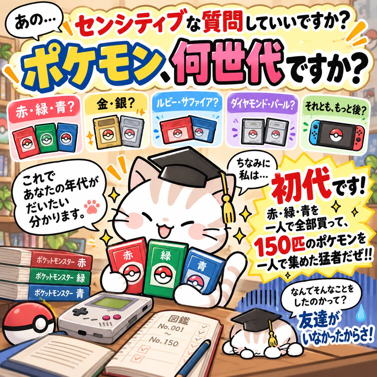 neko_sensei828's tweet photo. あの……センシティブな質問していいですか？
………
ポケモン、何世代ですか？
これであなたの年代が、だいたい分かります🎵
↓ねこの独断と偏見によるざっくり予想です🐈

🔴🟢 赤・緑
→ 30代後半〜40代前半

🥇🥈 金・銀
→ 30代前半〜後半

🔴🔵 ルビー・サファイア
→ 30歳前後〜30代半ば

💎 ダイヤモンド・パール
→ 20代後半〜30代前半

⭐️それとも、もっと後？
→ 10代〜20代？それとも逆に40代後半以上？

ちなみに私は——
初代です！✨️

赤・緑・青を一人で全部買って
150匹のポケモンを一人で集めた猛者だぜ！！🔥

え？
なんでそんなことをしたのかって？

友達がいなかったからさ！！！( • ̀ω•́ )ｷﾘｯ✧