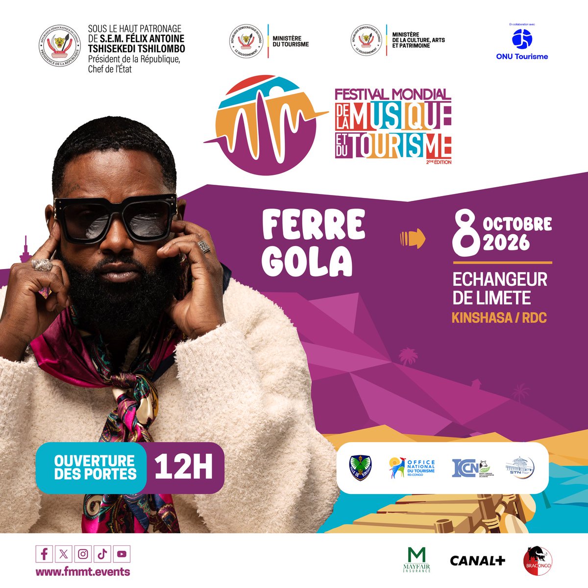 ferregola's tweet photo. On se donne rendez-vous à Kinshasa pour le Festival Mondial de la Musique et du Tourisme précisément à l’échangeur de Limete. 

📍 Lieu : Échangeur de Limete, Kinshasa
📅 Date : 8 Octobre
🎪 Événement : Festival Mondial de la Musique et du Tourisme

#FerreGola #Kinshasa ⚔️🇨🇩 https://t.co/OQTu1zUrKT