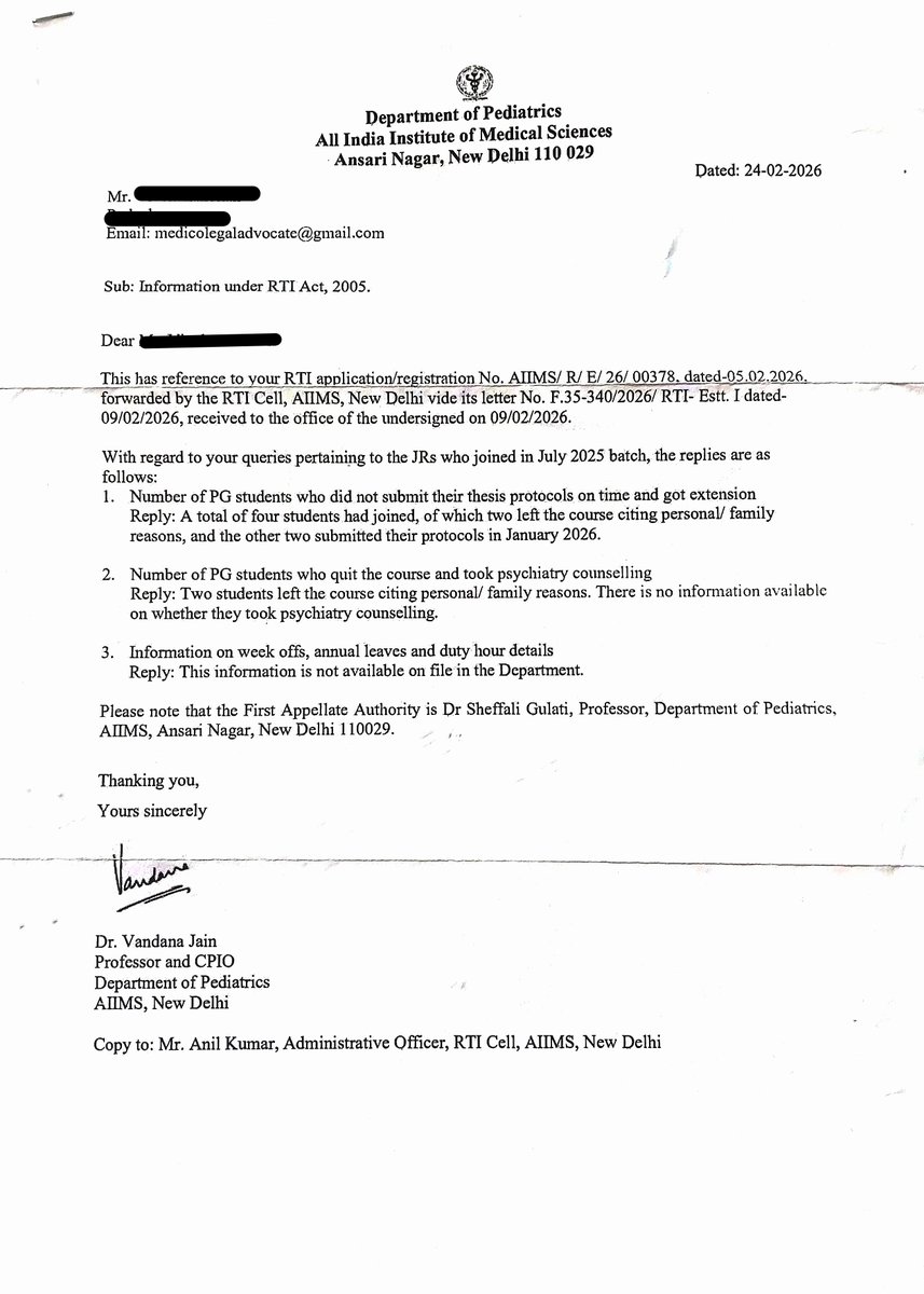 jsdass1978's tweet photo. India’s number one AIIMS Delhi doesn’t maintain actual duty hours, week off and annual leave information of junior resident doctors

21 August 2025 circular of AIIMS requests all unit chiefs and HoDs to maintain duty hour statistics of junior residents. But no one follows.

Will the Dean take disciplinary action on responsible person?

So we can assume our children are squeezed 24- 72 hours without any rest to take food and sleep under heavy workload off record in an illegal manner .
This is the reason for higher attrition rate of AIIMS Delhi