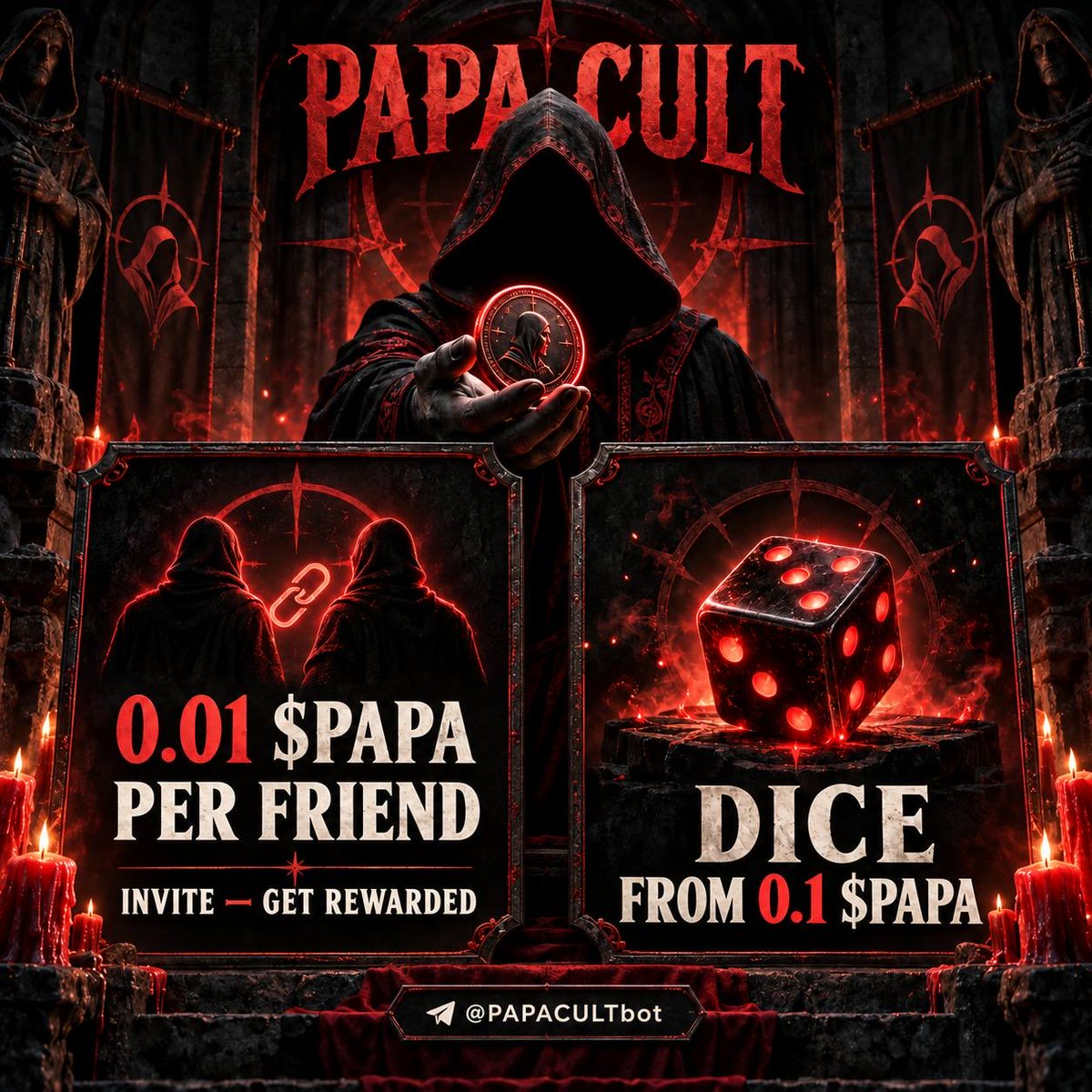 Papa666cult's tweet photo. 😐 Two updates in PAPA CULT!

👤 Earn 0.01 $PAPA for every friend you invite. No extra conditions: invite a friend, get your reward.

🎲 You can now play Dice with bets starting from 0.1 $PAPA.

Invite your friends and join the game 👁

https://t.co/XOnqqLfm8Q https://t.co/4hT9thp4yg