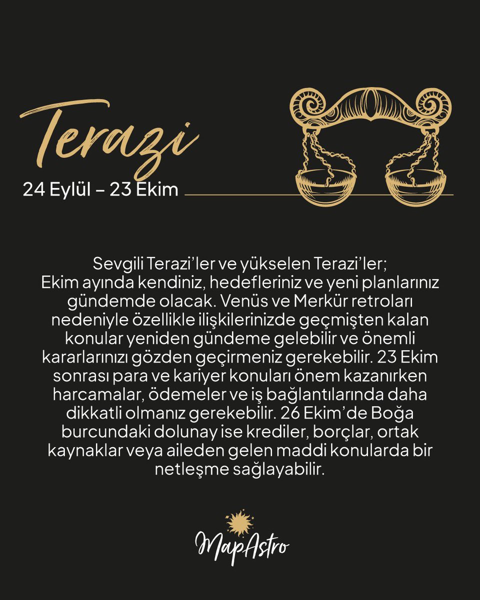 Mapastroapp's tweet photo. ✨ Ekim’de hiçbir burç gökyüzünden kaçamıyor!

Bu ayın ana konusu çok net: geçmişten gelenler, yarım kalan meseleler ve beklenen netleşmeler… 👀

Merkür ve Venüs retroları; eski aşklardan yarım kalan konuşmalara, geçmiş iş fırsatlarından maddi konulara kadar “kapandı” sandığımız bazı dosyaları yeniden açabilir. 🔄💘

🌑 23 Ekim sonrası gökyüzünün enerjisi değişirken,
🌕 26 Ekim Boğa Dolunayı ise uzun süredir belirsiz kalan bir konuda taşları yerine oturtabilir.

Kimisi aşk hayatında, kimisi kariyerinde, kimisi parada, kimisi de aile ve gelecek planlarında önemli gelişmeler yaşayabilir. ✨

Peki Ekim senin hayatında hangi konuyu değiştirecek? Burcunu ve yükselenini kaydırarak bul, sonra yorumlara “Güneş + Yükselen” ikilini bırak! 👇🔮

Daha kişisel yorumların için MapAstro App’te doğum haritana göz atmayı unutma. ✨