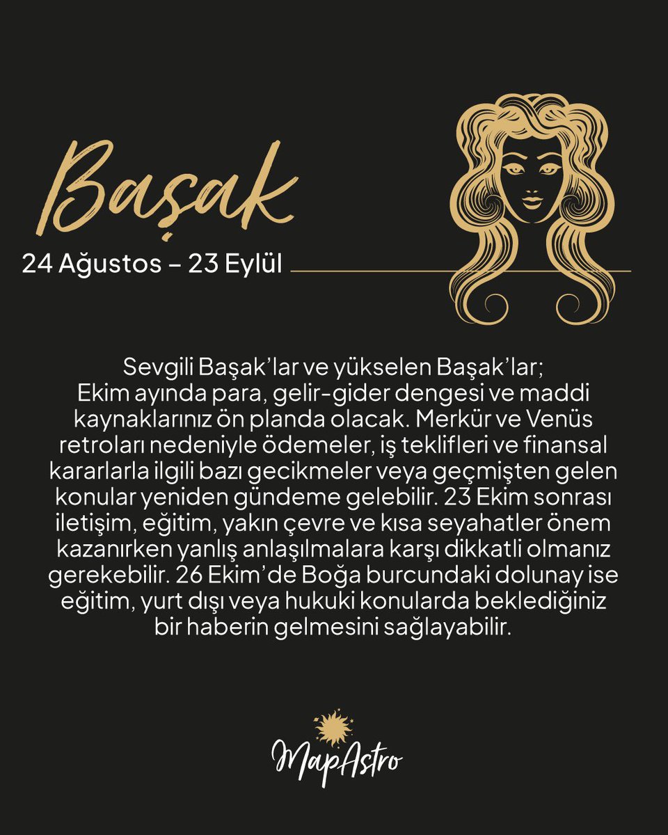 Mapastroapp's tweet photo. ✨ Ekim’de hiçbir burç gökyüzünden kaçamıyor!

Bu ayın ana konusu çok net: geçmişten gelenler, yarım kalan meseleler ve beklenen netleşmeler… 👀

Merkür ve Venüs retroları; eski aşklardan yarım kalan konuşmalara, geçmiş iş fırsatlarından maddi konulara kadar “kapandı” sandığımız bazı dosyaları yeniden açabilir. 🔄💘

🌑 23 Ekim sonrası gökyüzünün enerjisi değişirken,
🌕 26 Ekim Boğa Dolunayı ise uzun süredir belirsiz kalan bir konuda taşları yerine oturtabilir.

Kimisi aşk hayatında, kimisi kariyerinde, kimisi parada, kimisi de aile ve gelecek planlarında önemli gelişmeler yaşayabilir. ✨

Peki Ekim senin hayatında hangi konuyu değiştirecek? Burcunu ve yükselenini kaydırarak bul, sonra yorumlara “Güneş + Yükselen” ikilini bırak! 👇🔮

Daha kişisel yorumların için MapAstro App’te doğum haritana göz atmayı unutma. ✨