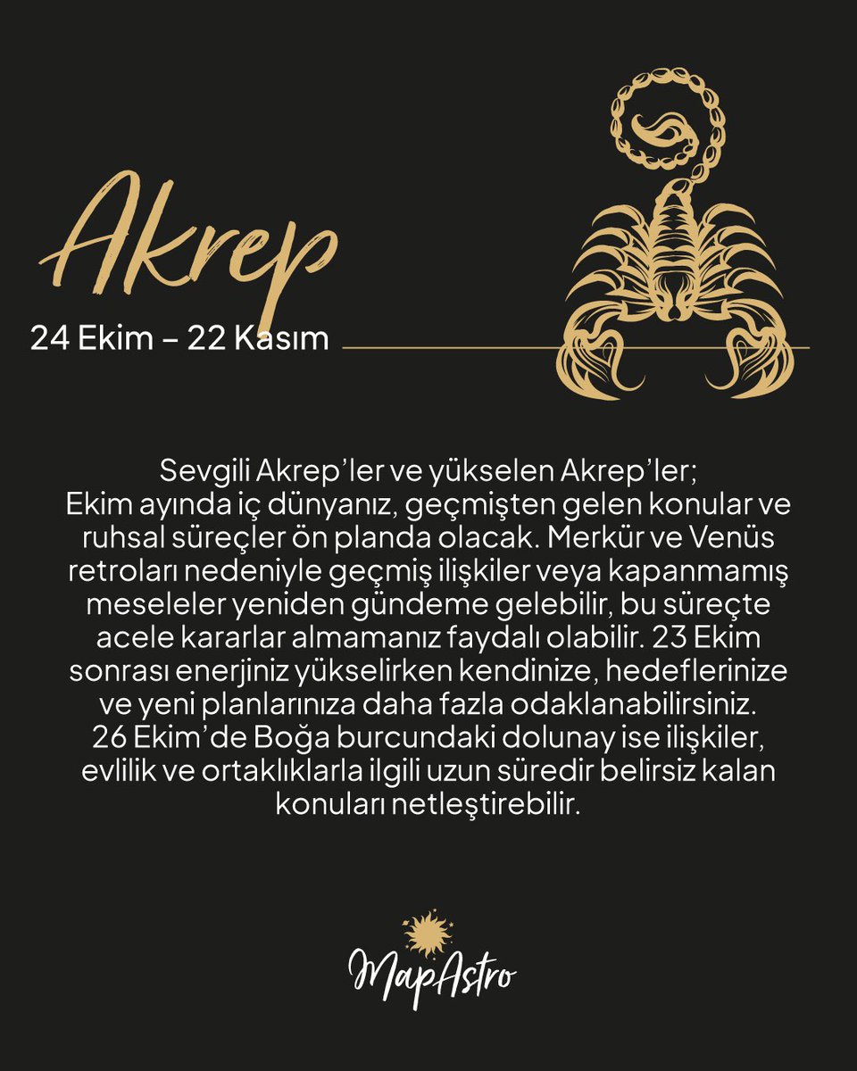 Mapastroapp's tweet photo. ✨ Ekim’de hiçbir burç gökyüzünden kaçamıyor!

Bu ayın ana konusu çok net: geçmişten gelenler, yarım kalan meseleler ve beklenen netleşmeler… 👀

Merkür ve Venüs retroları; eski aşklardan yarım kalan konuşmalara, geçmiş iş fırsatlarından maddi konulara kadar “kapandı” sandığımız bazı dosyaları yeniden açabilir. 🔄💘

🌑 23 Ekim sonrası gökyüzünün enerjisi değişirken,
🌕 26 Ekim Boğa Dolunayı ise uzun süredir belirsiz kalan bir konuda taşları yerine oturtabilir.

Kimisi aşk hayatında, kimisi kariyerinde, kimisi parada, kimisi de aile ve gelecek planlarında önemli gelişmeler yaşayabilir. ✨

Peki Ekim senin hayatında hangi konuyu değiştirecek? Burcunu ve yükselenini kaydırarak bul, sonra yorumlara “Güneş + Yükselen” ikilini bırak! 👇🔮

Daha kişisel yorumların için MapAstro App’te doğum haritana göz atmayı unutma. ✨