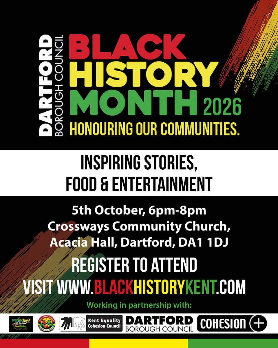 dartfordbc's tweet photo. Join us and @CohesionPlus for a night of inspiring stories, food and entertainment celebrating Black History Month at Crossways Community Church on Monday, October 5. Register now at https://t.co/JV1CULBTgK https://t.co/FNMJZfc0LG
