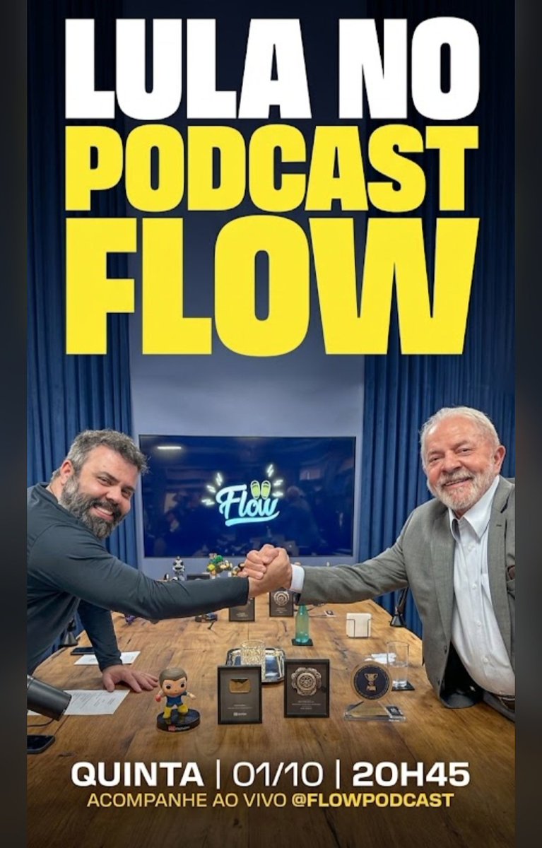 ambrosi_bispo's tweet photo. Lula no Flow. De novo. Ao vivo.

Nesta quinta, 1º de outubro, às 20h45, o presidente Lula volta ao Flow Podcast com Igor Coelho (Igor 3K). Em 18 de outubro de 2022, a entrevista chegou a cerca de 1,1 milhão de pessoas assistindo ao mesmo tempo no YouTube e superou o recorde do programa, que era de cerca de 570 mil espectadores simultâneos. A maior audiência ao vivo da história do Flow.

Hoje o Brasil inteiro está de olho. E o recorde vai ser maior.

Não fica de fora. Acompanha ao vivo: @flowpodcast.