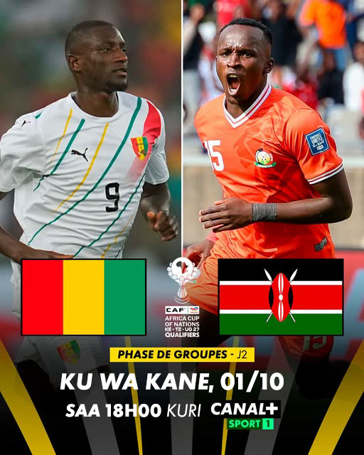 CanalPlusRwanda's tweet photo. #QualifCAN : Udacikwa n'umukino uza guhuza:
➡GUINEA vs KENYA
🗓Kuri uyu wa kane, 01/10
📺Saa 18H00 CANAL+ SPORT 1 https://t.co/yJgz3gZgGD