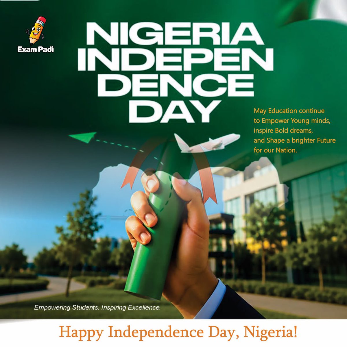 ExampadiNG's tweet photo. Happy Independence Day, Nigeria! 🇳🇬

A nation’s future is shaped by the knowledge, dreams, and determination of its young people.

Today, we celebrate every Nigerian student working hard to build a brighter tomorrow.

Keep learning, keep growing, and keep making Nigeria proud.

Happy Independence Day from all of us at ExamPadi! 💚🤍💚

#HappyIndependenceDay #NigeriaAt66 #ExamPadi #FutureOfNigeria