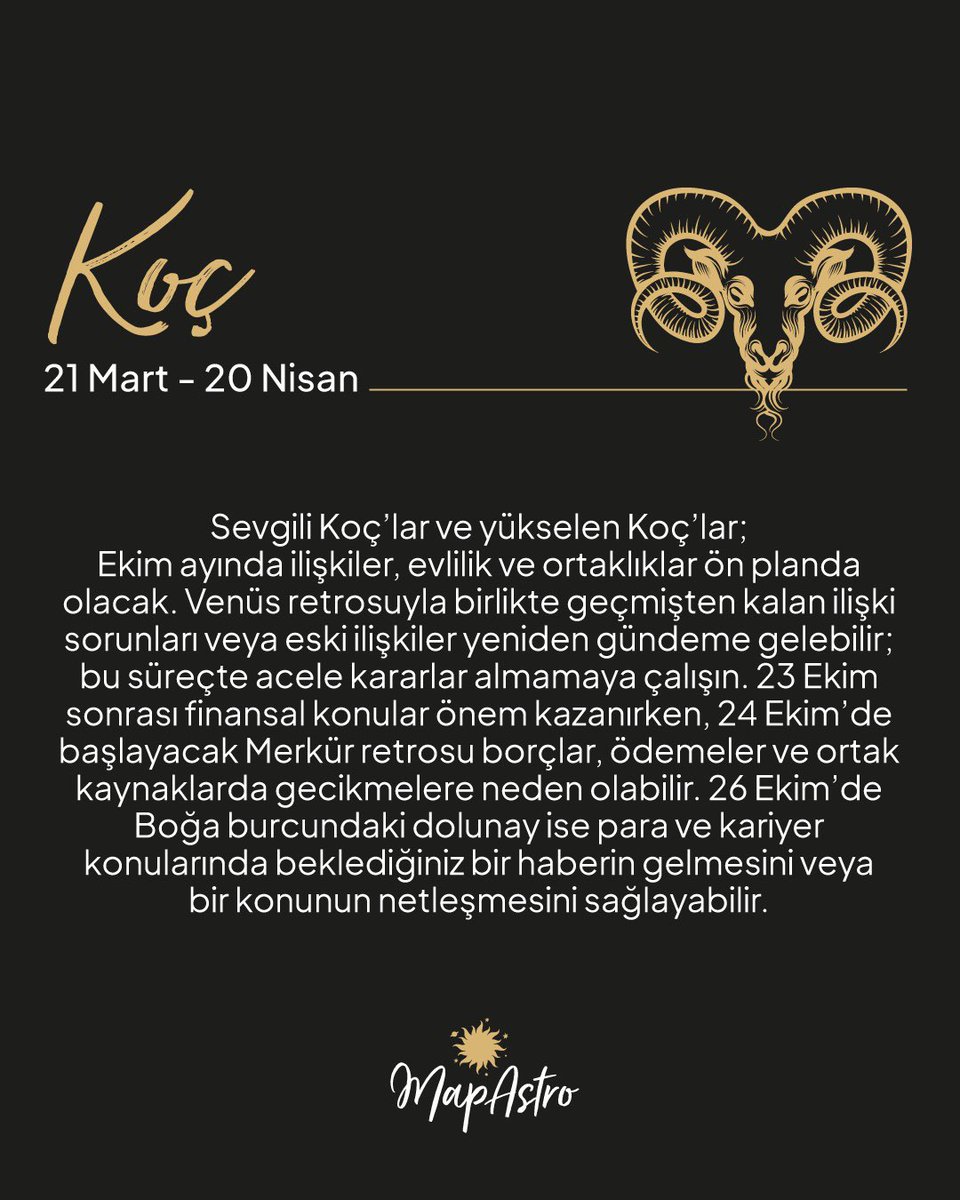 Mapastroapp's tweet photo. ✨ Ekim ayında Koç, Boğa, İkizler ve Yengeçleri neler bekliyor?

Bu dört burç için Ekim, “geçmiş yeniden kapıyı çalabilir” dedirten bir ay! 👀 Venüs ve Merkür retrolarıyla eski aşklar, yarım kalan konuşmalar, aile meseleleri ve geçmişten gelen konular yeniden gündeme gelebilir. 💌

♈ Koç: İlişkiler ve para
♉ Boğa: İş, ilişkiler ve hayatında önemli bir netleşme
♊ İkizler: Aşk, geçmiş ilişkiler ve içsel dönüşüm
♋ Yengeç: Aile, ev, aşk ve gelecek planları

🌕 26 Ekim Boğa Dolunayı ise her biri için farklı bir alanda “artık karar zamanı” etkisi yaratabilir.

Senin burcun ve yükselenin hangisi? 👇 Yorumlara ikisini de yaz! Belki Ekim’in asıl sürprizi yükseleninde saklıdır. 🔮✨

Detaylı ve sana özel yorumlar için MapAstro App’te doğum haritana bakmayı unutma. 🌙