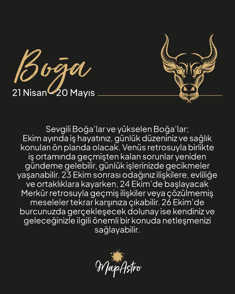 Mapastroapp's tweet photo. ✨ Ekim ayında Koç, Boğa, İkizler ve Yengeçleri neler bekliyor?

Bu dört burç için Ekim, “geçmiş yeniden kapıyı çalabilir” dedirten bir ay! 👀 Venüs ve Merkür retrolarıyla eski aşklar, yarım kalan konuşmalar, aile meseleleri ve geçmişten gelen konular yeniden gündeme gelebilir. 💌

♈ Koç: İlişkiler ve para
♉ Boğa: İş, ilişkiler ve hayatında önemli bir netleşme
♊ İkizler: Aşk, geçmiş ilişkiler ve içsel dönüşüm
♋ Yengeç: Aile, ev, aşk ve gelecek planları

🌕 26 Ekim Boğa Dolunayı ise her biri için farklı bir alanda “artık karar zamanı” etkisi yaratabilir.

Senin burcun ve yükselenin hangisi? 👇 Yorumlara ikisini de yaz! Belki Ekim’in asıl sürprizi yükseleninde saklıdır. 🔮✨

Detaylı ve sana özel yorumlar için MapAstro App’te doğum haritana bakmayı unutma. 🌙