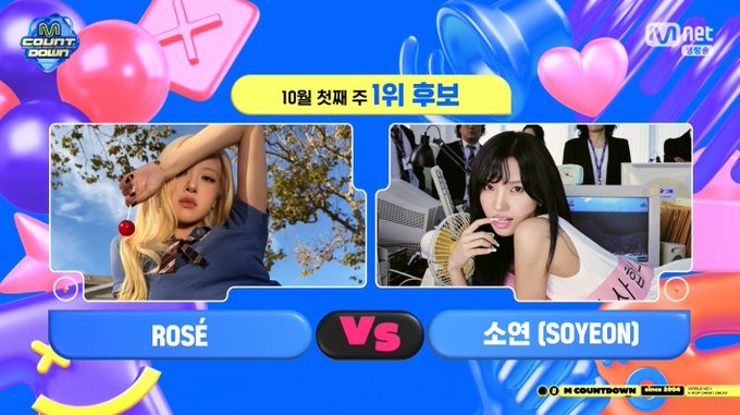 A 'M COUNTDOWN' broadcast graphic announces a first-week comeback matchup between ROSÉ and 소연 (SOYEON) for October's first week.