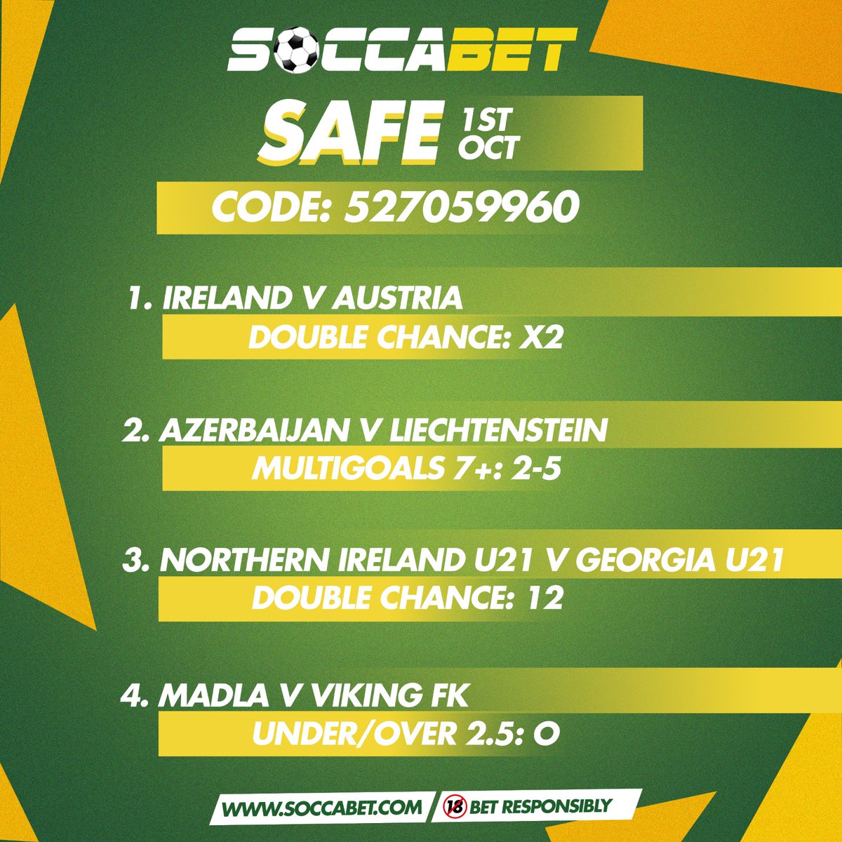soccabet's tweet photo. Safe Favorites Thriller and Other Sports predictions are available now. Pick from these daily predictions and bet responsibly on the soccabet app. #betwithsoccabet #betresponsibly🔞 https://t.co/VfTiwIN3qH
