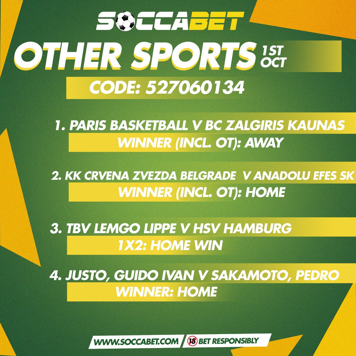 soccabet's tweet photo. Safe Favorites Thriller and Other Sports predictions are available now. Pick from these daily predictions and bet responsibly on the soccabet app. #betwithsoccabet #betresponsibly🔞 https://t.co/VfTiwIN3qH