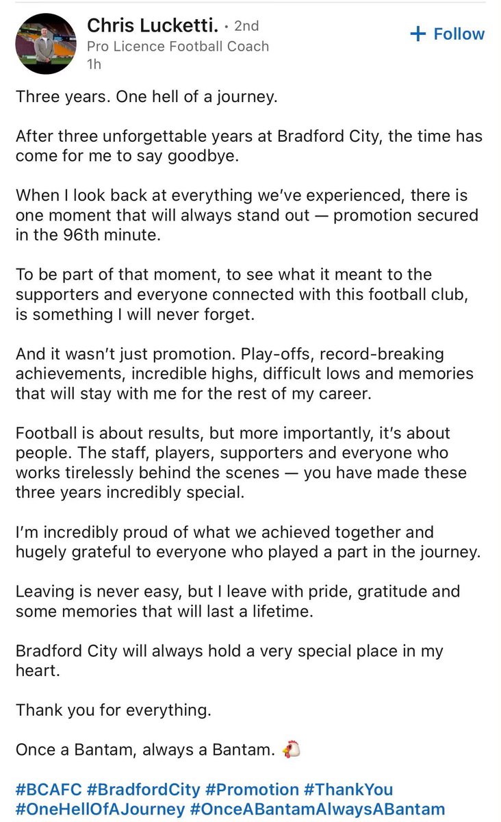 bcafcboy's tweet photo. Lucketti on LinkedIn…. This really gives me the impression he didn’t want to “jump ship”. A much more heartfelt statement than Alexander’s. #bcafc https://t.co/ViUqfnAuHq