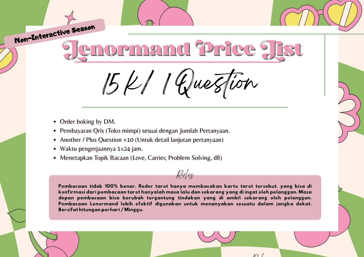 xeemlily's tweet photo. --OPEN--

Lily open reading ya 🥹✨
Pembacaan tarot dan lenormand.
Informasi bisa DM!
Terimakasih 🩷✨
#bungalilytarot
#zonauangㅤ #tarot #bacatarot https://t.co/ryVgFZYrJP