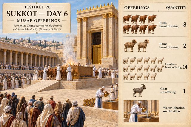 InTanakh's tweet photo. Tishrei 20: Sukkot Day 6 Offerings - Musaf offerings (8 bulls, 2 rams, 14 lambs, goat for sin offering; water libation on altar) part of Temple service for Festival (Mishnah Sukkah 4:9) (Numbers 29:29-31) https://t.co/r3MnZAsMrW https://t.co/0cPLIyjjWp