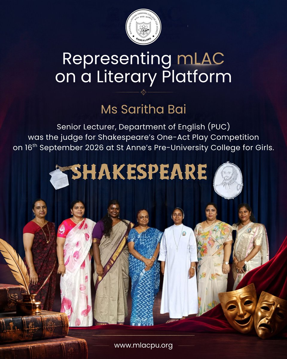 mLAC1972's tweet photo. Celebrating the love for literature and the art of Shakespeare! 📚✨ 

Congratulations to Ms. Saritha Bai, Senior Lecturer, Department of English (PUC), mLAC, for serving as a judge at the One-Act Play Competition. 

#mlac #MaharaniLakshmiAmmaniCollege #Shakespeare https://t.co/LBojSVedxt
