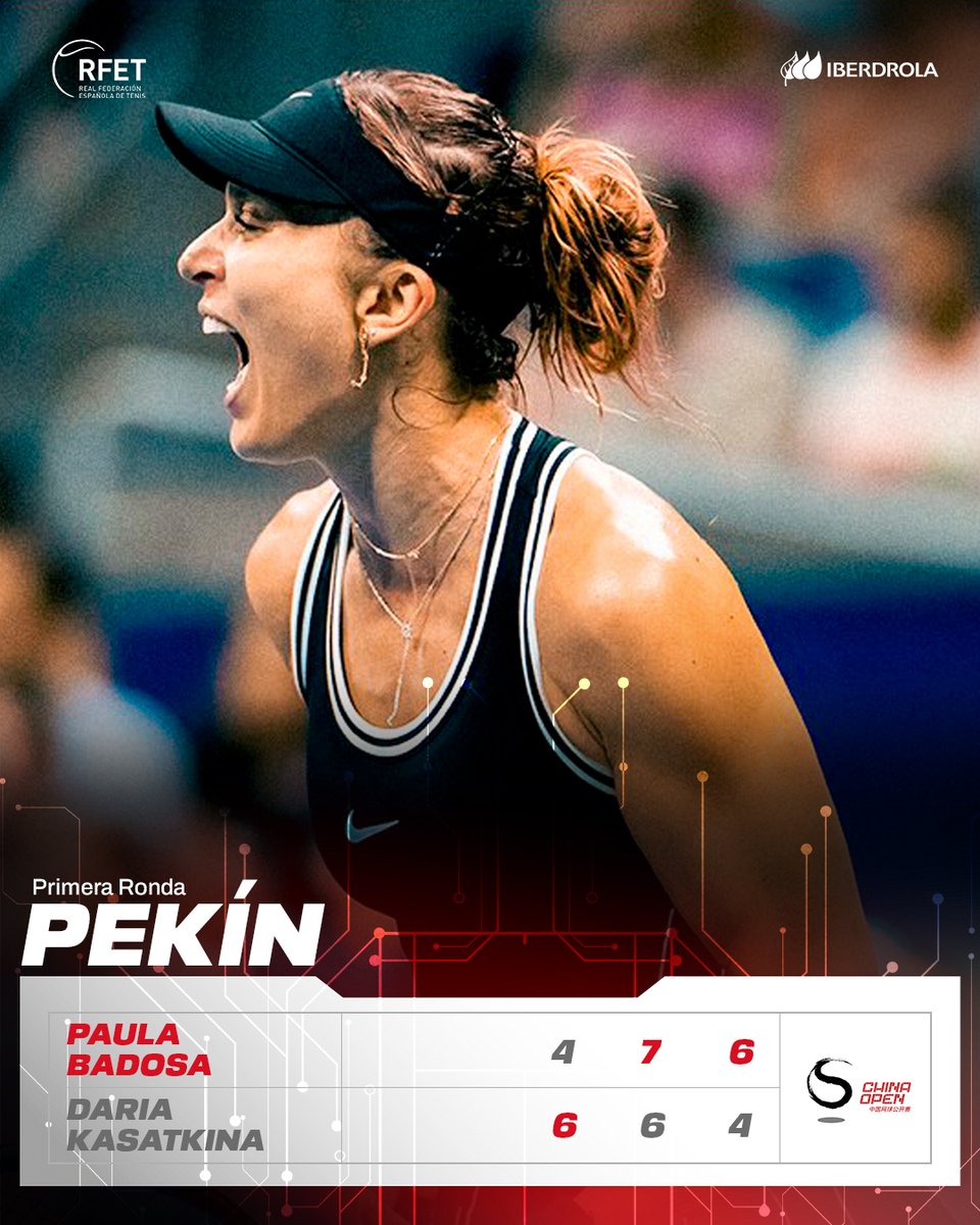 RFETenis's tweet photo. Remontada 𝑚𝑎𝑑𝑒 𝑖𝑛 Paula 👏🏼

Badosa saca adelante un duro estreno en el  #WTA 1000 de China ante Kasatkina 4-6 7-6(7) 6-4 y se cita con Ostapenko en 2R
     
📸 @WTA | #ChinaOpen https://t.co/OEoa1fgx6C