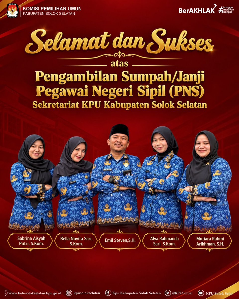 KPUSolSel's tweet photo. #TemanPemilih, KPU Kabupaten Solok Selatan mengucapkan selamat dan sukses atas pengambilan sumpah/janji Pegawai Negeri Sipil di lingkungan Sekretariat Jenderal Komisi Pemilihan Umum.

Selamat mengemban amanah dan tanggung jawab. Semoga senantiasa memberikan-- https://t.co/m8H2MmvsTe