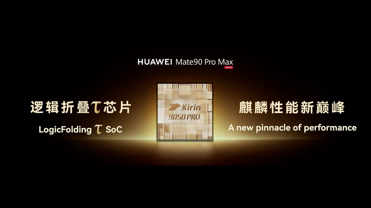 A promotional graphic showcases the Kirin 9050 Pro chip powering the HUAWEI Mate90 Pro Max, featuring bilingual text highlighting its "LogicFolding π SoC" technology and "A new pinnacle of performance" tagline, which aligns with Yu Chengdong's presentation emphasizing the chip's performance achievements for the new flagship device.