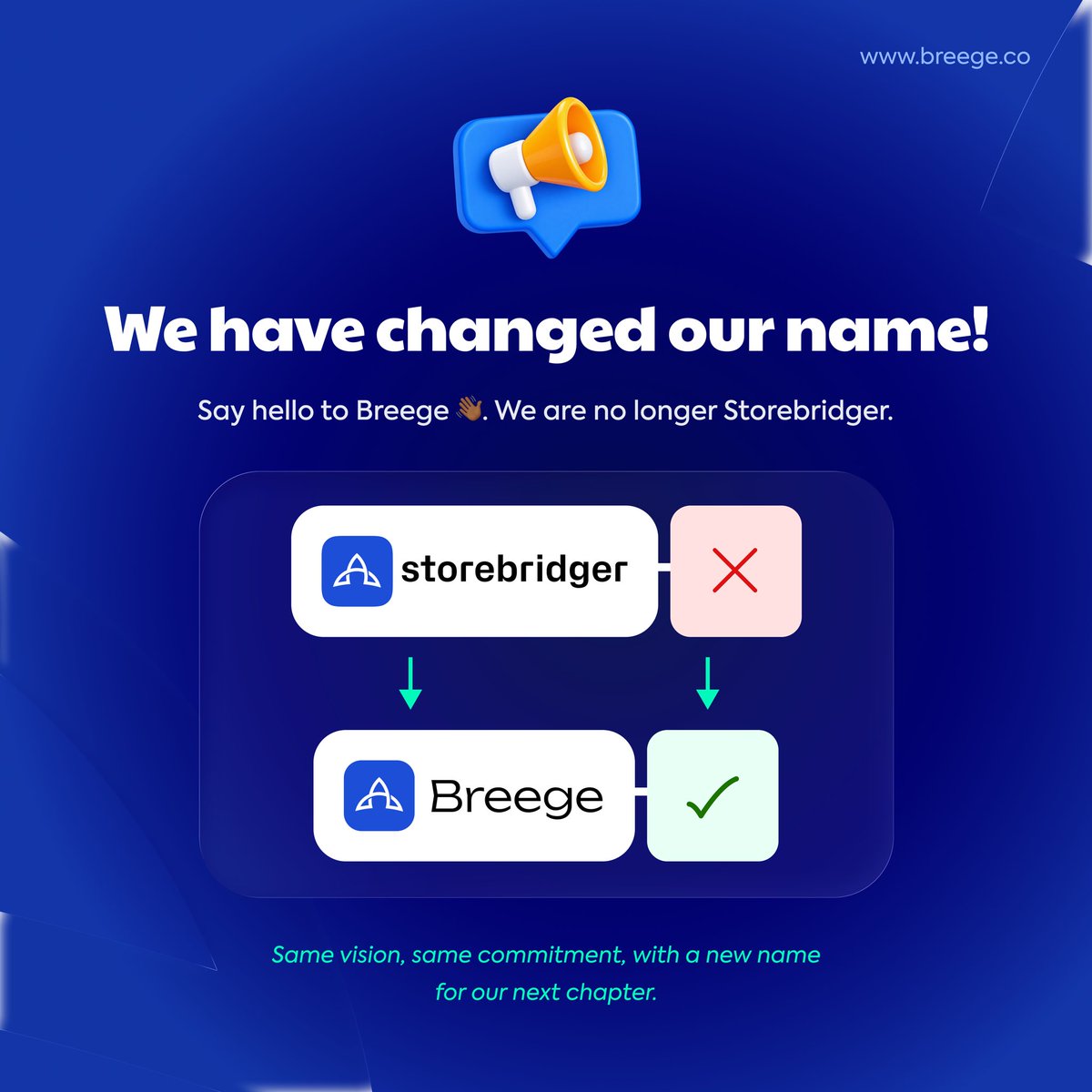BreegeInc's tweet photo. 🗣️We are no longer Storebridger. We are now Breege!📢. 
•
We are still dedicated to providing you the best platform, where you can manage and scale your business with ease. Our logo is still the same; this new name marks the beginning of our next chapter. 
•
#businesssoftware https://t.co/HHsp6uaVTK