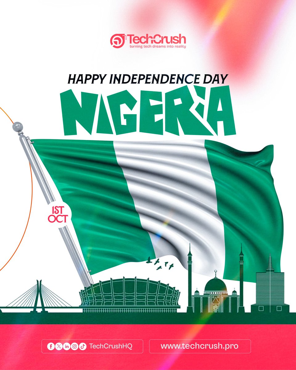 TechCrushHQ's tweet photo. Happy Independence Day, Nigeria! 🇳🇬💚

Today, we celebrate our country, our people and the dreams that continue to push us forward.

Here’s to everyone learning, building, creating and doing their part to make Nigeria better, one step at a time.

Happy Independence Day from TechCrush! 🇳🇬

#techcrush