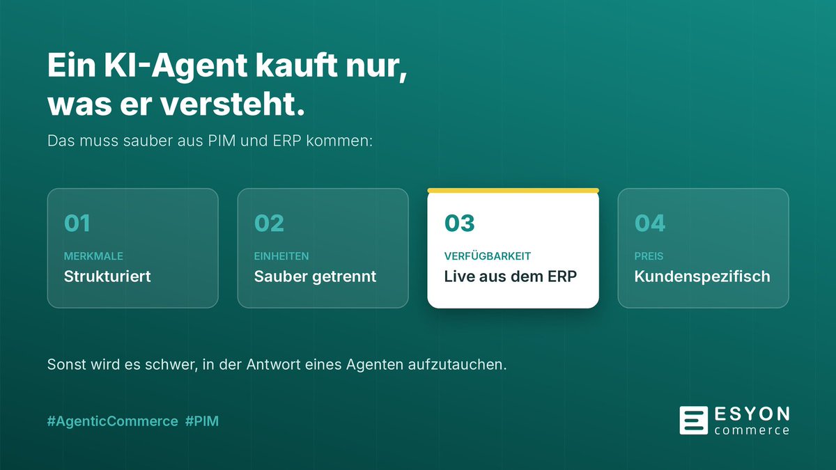 Oli_Pank's tweet photo. Ein KI-Agent kauft nur, was er versteht.

Merkmale, Einheiten, Verfügbarkeit, Preis: Das muss sauber aus PIM und ERP kommen. Sonst wird es schwer, in der Antwort eines Agenten aufzutauchen.

Meine Gedanken dazu auf LinkedIn: https://t.co/xMwfLkfT4b

#AgenticCommerce #PIM https://t.co/9mZmzDftqe
