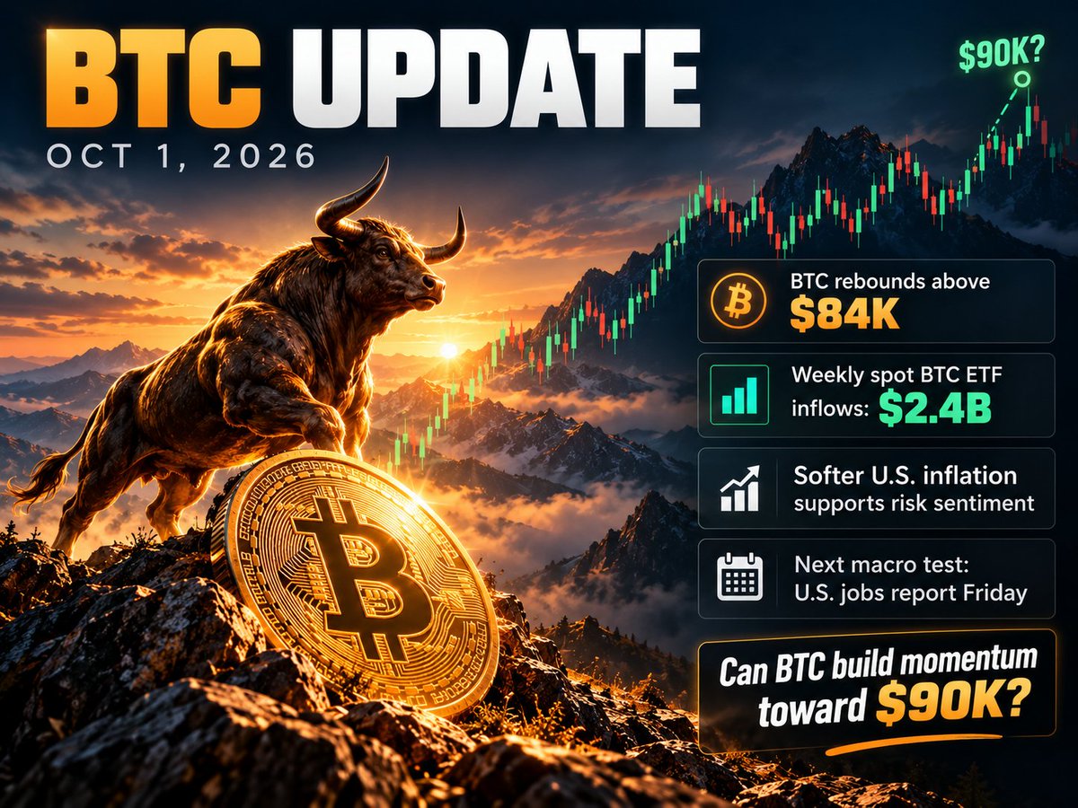 crypto21m20x's tweet photo. 🚨 BTC UPDATE — OCT 1
₿ Bitcoin rebounds above $84K after dipping near $83.4K.
💰 Spot BTC ETFs saw a strong $2.4B weekly inflow 📊 Softer U.S. inflation supports risk sentiment 👀 Friday’s jobs report is the next macro test
Can BTC build momentum toward $90K?
#Bitcoin #cryptocurrency