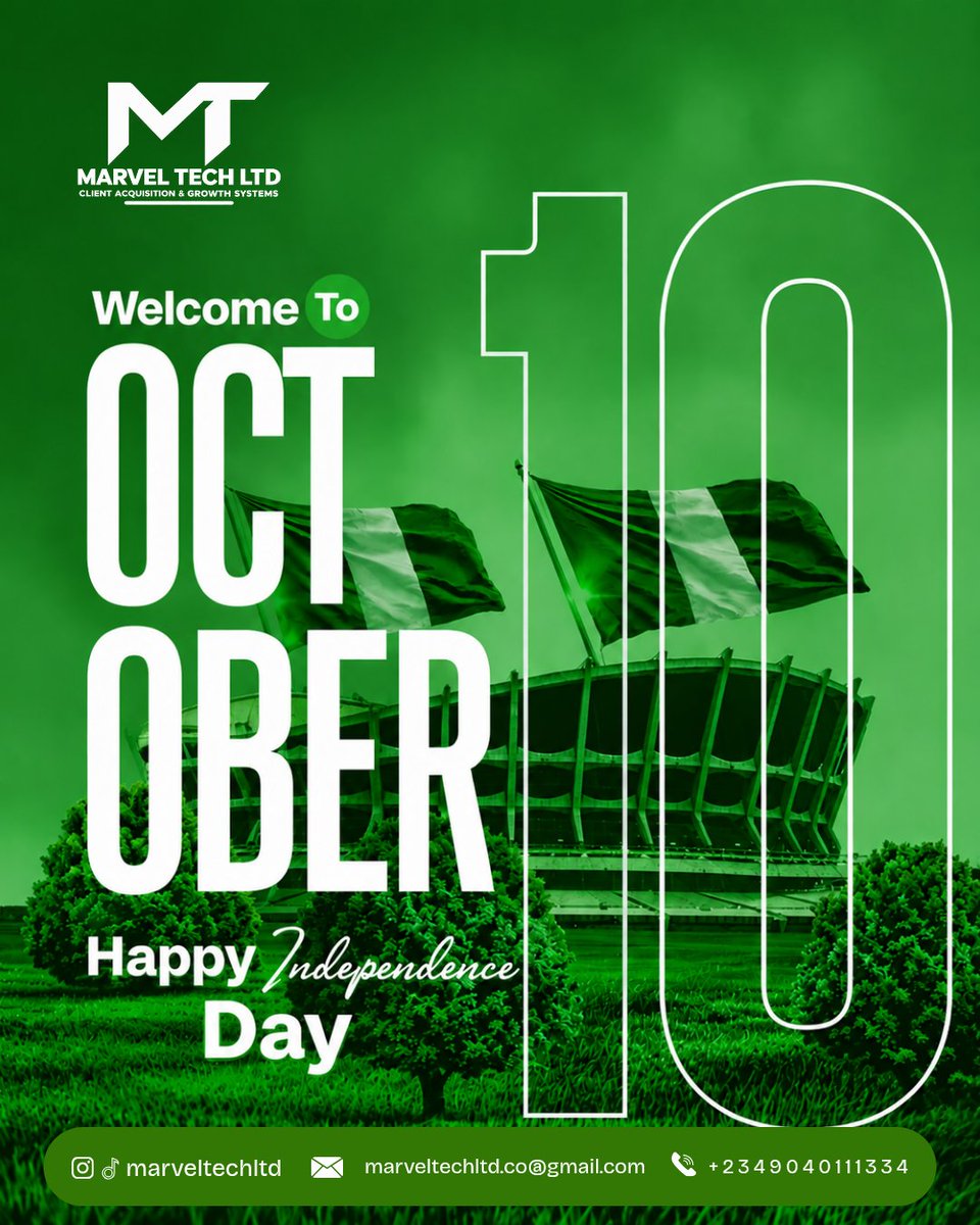 _atare444's tweet photo. @officialABAT Today, we celebrate the strength, resilience, creativity, and endless potential of Nigeria. 💚

At Marvel Tech, we believe the future belongs to people and businesses willing to innovate, build, and take the next step  🇳🇬

Happy Independence Day from Marvel Tech Ltd. https://t.co/LELDeOuh6n