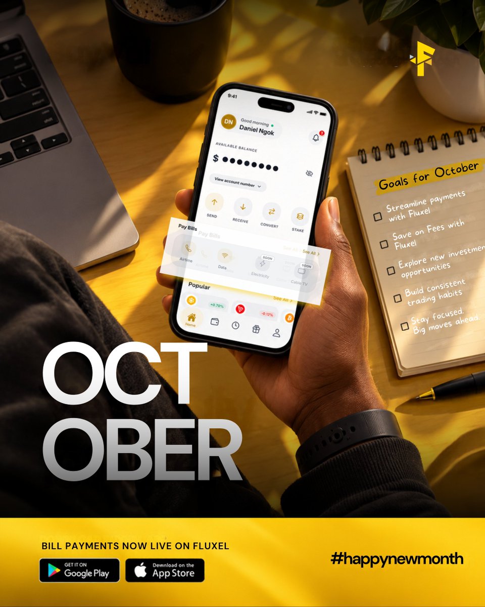 UseFluxel's tweet photo. October is here 💛

New month, new money goals.
With bill payments now live on Fluxel, stay on top of your essentials and focus on what’s next.

What’s your October goal?
A. Save more
B. Pay bills on time
C. Invest
D. Track spending

Reply with A, B, C or D 👇

#Fluxel #October https://t.co/4Z0ad0J8t0