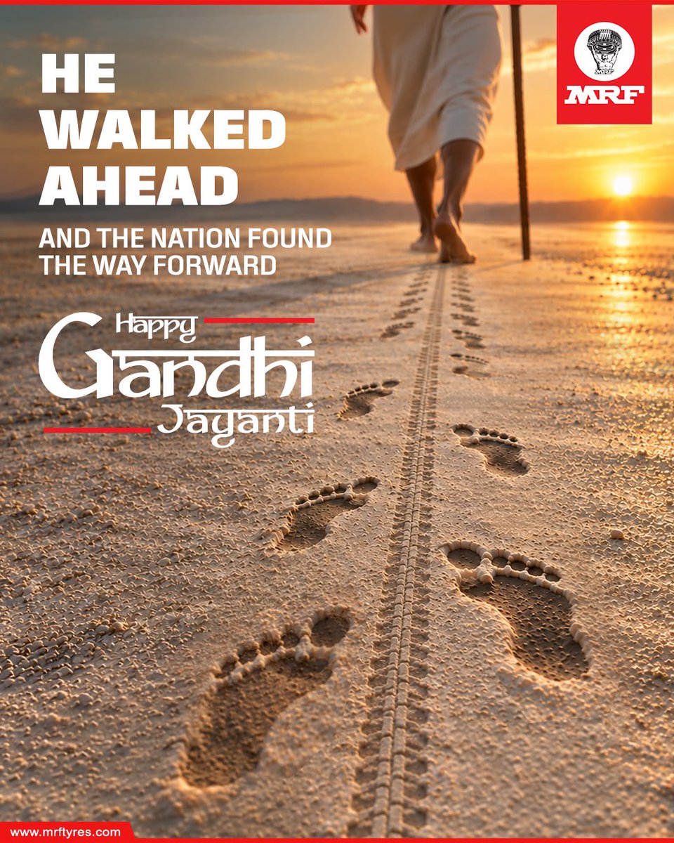 MRFWorldwide's tweet photo. Some journeys go far beyond the distance travelled. They inspire generations and leave behind lessons that continue to guide usas a nation.​ 

MRF Tyres wishes you a Happy Gandhi Jayanti.

#MRFTyres #GandhiJayanti  #InspiringGenerations #NationBuilding #MRF https://t.co/w80Pi9hawx