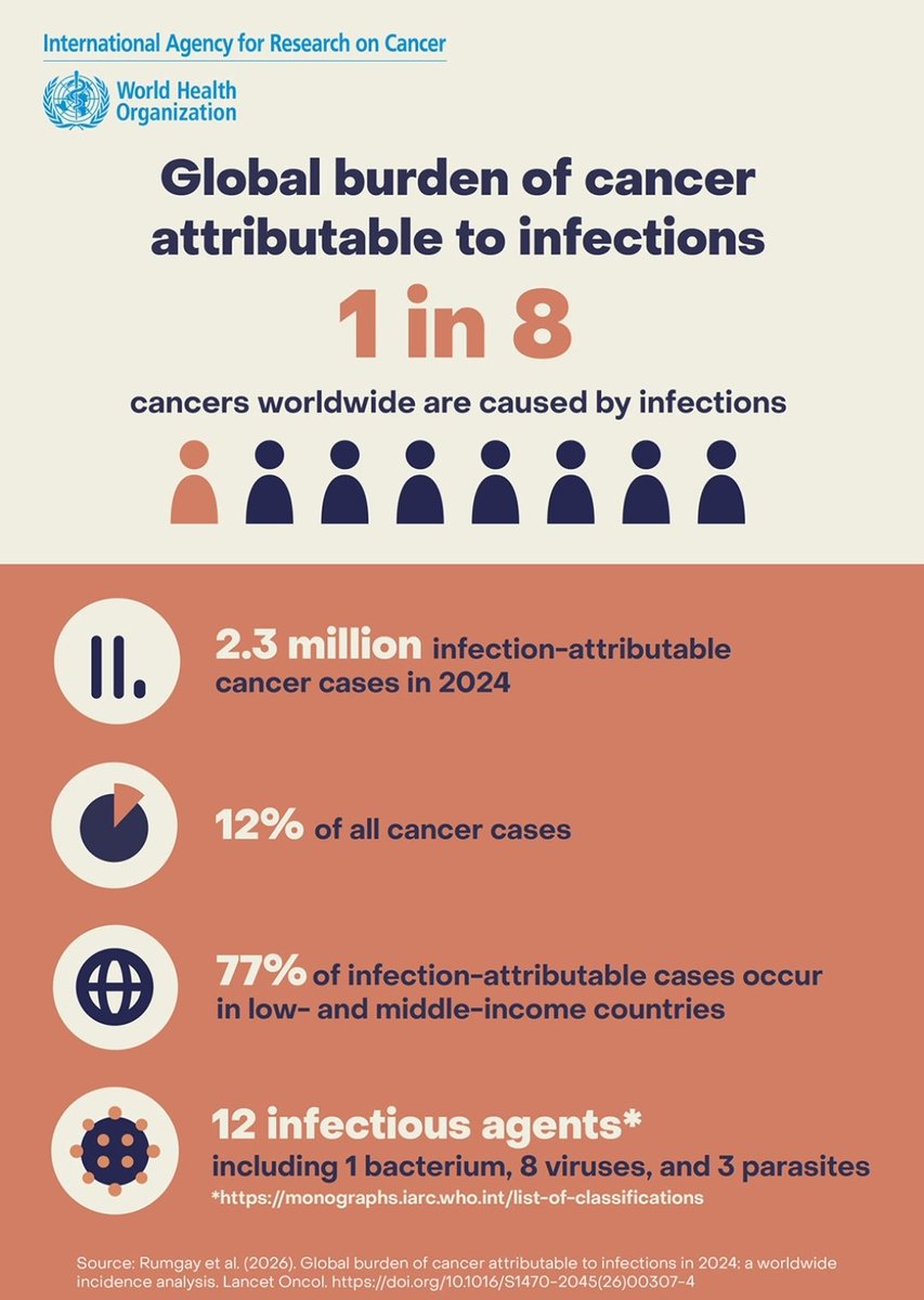 InisCom's tweet photo. Nearly 1 in 8 new cancer cases worldwide in 2024 were estimated to be attributable to infections, according to IARC. 

Vaccination, screening, testing and treatment could prevent a significant share of this burden. #CancerPrevention #GlobalHealth
 https://t.co/WmzQhqvxbu https://t.co/vJkY5CUSEx
