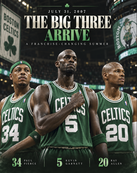 ChipH00ps's tweet photo. July 31, 2007.

KG arrived in Boston and suddenly Pierce + Ray Allen became the Big Three.Less than a year later, they were NBA champions.What a summer.☘️ https://t.co/wgd4vQFQlq