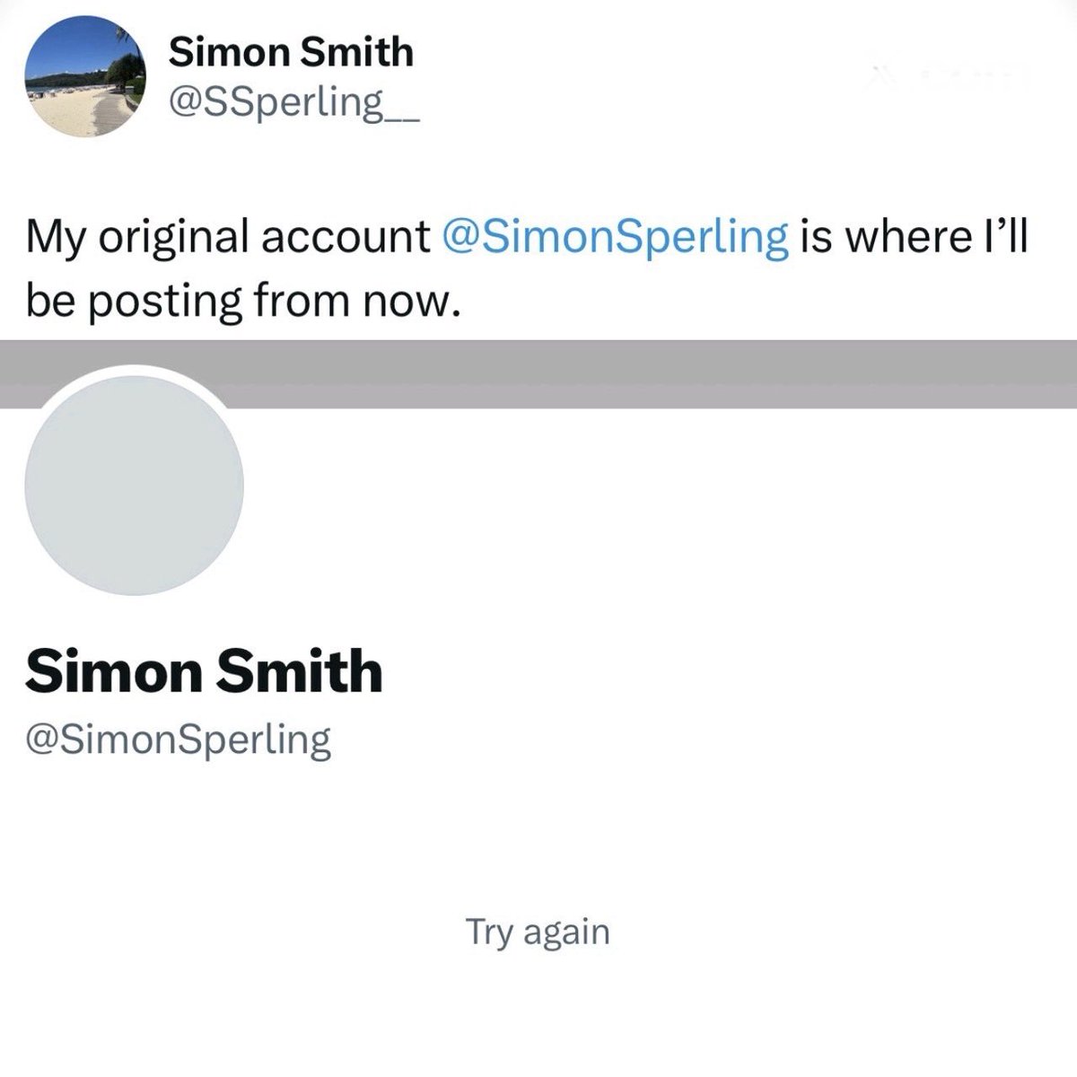 SSperling__'s tweet photo. Hi @michaelo @Support,

I’ve regained access to my account @SimonSperling and can now post. However, my profile still shows “Under review”, despite receiving a notification confirming that my account is verified.   

When I click the notification confirming my blue checkmark, it still displays @ChartTrader633—the handle used by the hacker.

Also, clicking the @SimonSperling mention in a post from my temporary account @SSperling__ does not bring up my profile. The attached screenshots show both issues.

Could you please investigate and restore normal account functionality?

Thank you,
Simon