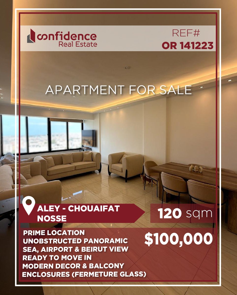 confidence_cre's tweet photo. Price & Terms:
• Price: $100,000
• Commission: + 2.5%
Spacious 120m² Modern Apartment For Sale in Chouaifat - Nosse
For more information, do not hesitate to call us
71000850
REF#OR141223
#Chouaifat #Nosse #ChouaifatRealEstate #LebanonRealEstate #LebanonProperty
#CONFIOR
A https://t.co/WqFkL24teP