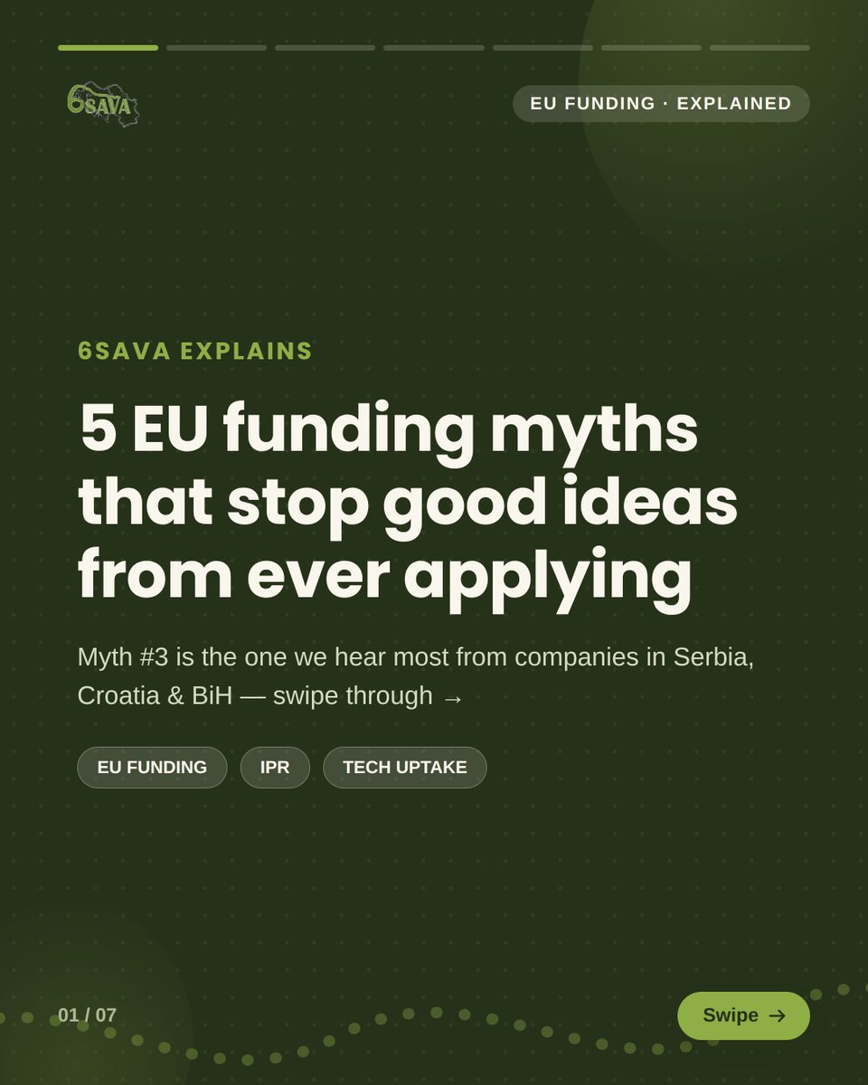 6sava_project's tweet photo. Many founders across Serbia, Croatia and Bosnia still believe EU funding is only for big companies and universities.
It’s not. We broke down 5 common EU funding myths and what’s actually true. 👇
See the first 3 myths below.
https://t.co/CBfF6bD0SE
#EUFunding #HorizonEurope https://t.co/W85MdkdLhG