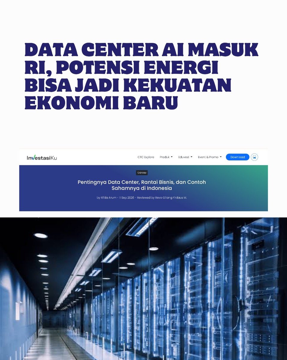 BeritaUnit's tweet photo. Indonesia tidak hanya punya pasar digital yang besar, tetapi juga potensi energi untuk menopangnya. Inilah salah satu alasan pembangunan data center mulai dikaitkan dengan penguatan ekosistem dan kedaulatan digital nasional.

#berita #darirakyatuntukenergi #bahlillahadalia #esdm https://t.co/7aU0iq6aLg