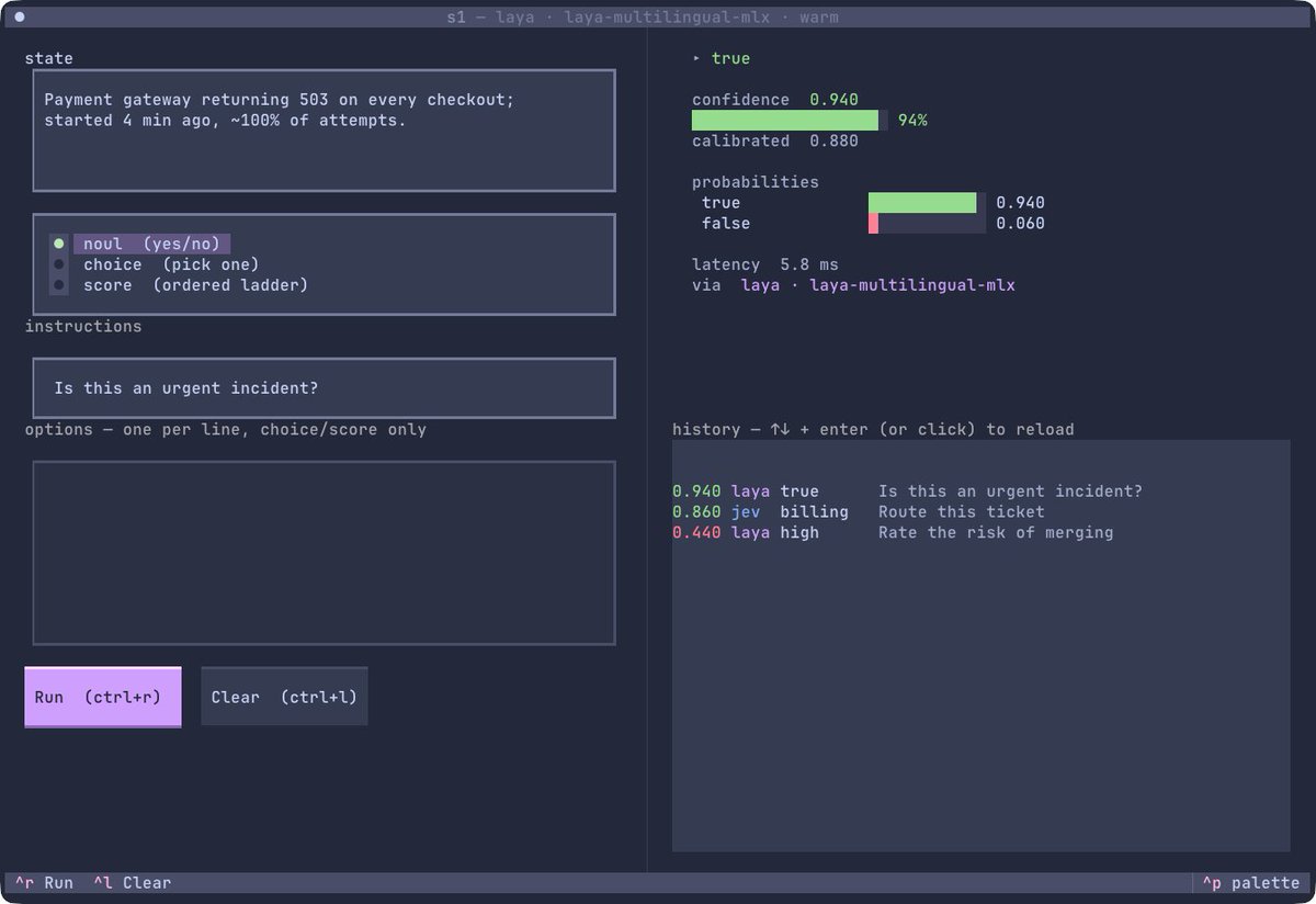 tobiasnaftali's tweet photo. made a small thing: s1, a TUI for testing System One (jev-like) models.

fill in a state, pick a type, write an instruction, get a typed answer back: noul, choice, or score; with calibrated confidence. all from the terminal.

https://t.co/msZ4XWAyK3 https://t.co/6sJiILnFtl
