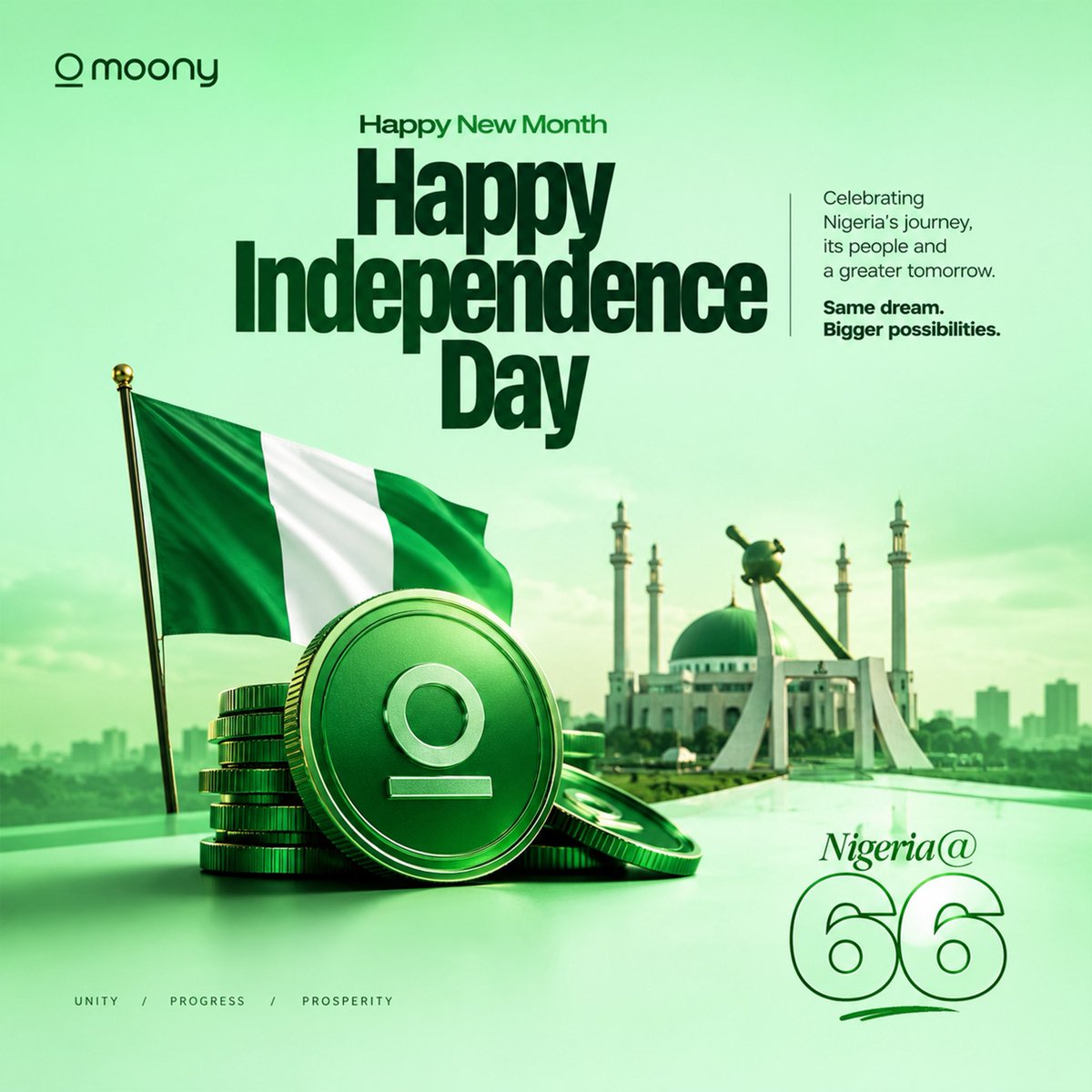 MoonyNigeria's tweet photo. It's a New Month

Same dreams
Bigger possibilities with @moonycoin 

Happy Independence Day Nigeira https://t.co/sQIqvBhk01