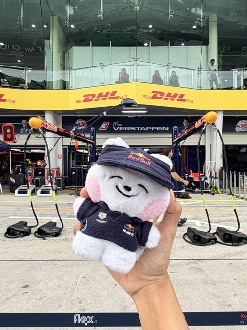 A hand holds a white bear plush toy wearing Red Bull racing merchandise, with a DHL-liveried Formula 1 pit garage and Max Verstappen branding visible in the background.