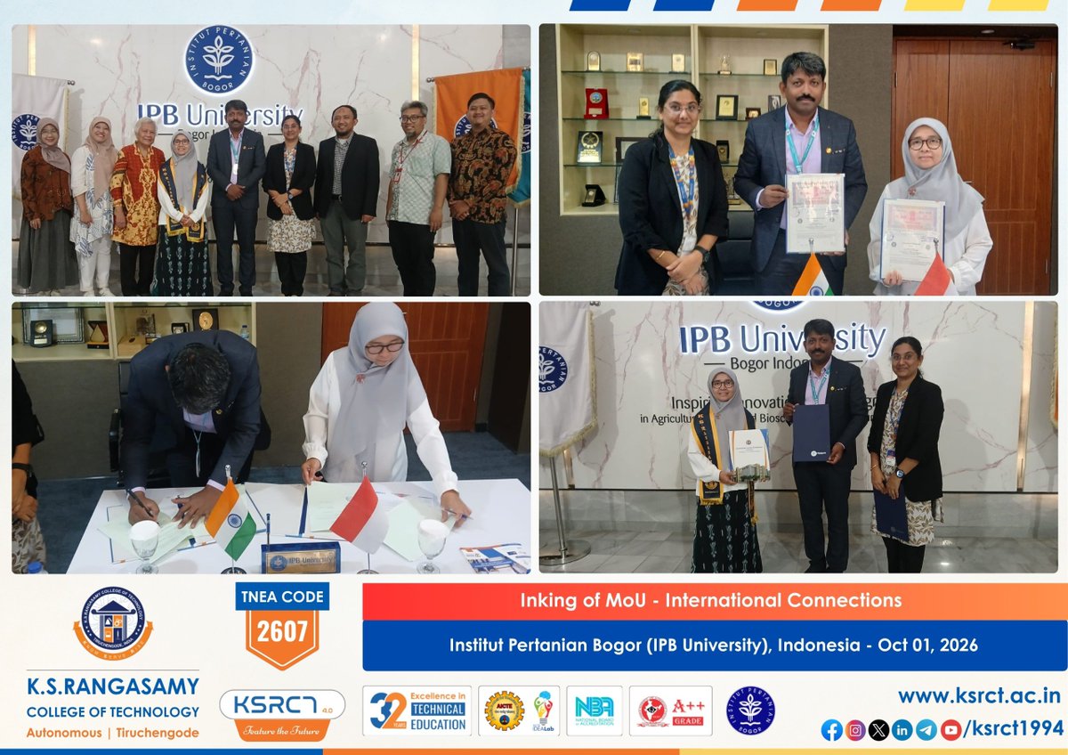 ksrct1994's tweet photo. 🌐🤝 KSRCT signs MoU with IPB University, Indonesia, strengthening global academic and research ties! 🇮🇳🇮🇩
📅 01–02 Oct 2026 | 📍 Indonesia
#KSRCT1994 #MoUExchange #IPBUniversity #SDG17 https://t.co/3KyuFGmL1i