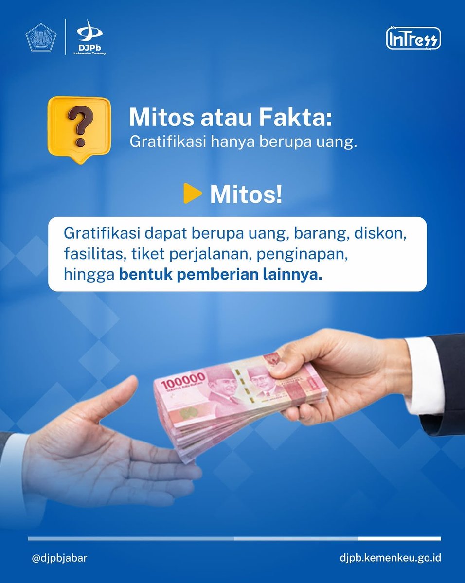 DJPbJabar's tweet photo. Gratifikasi hanya berupa uang? Pemberian bernilai kecil pasti bukan gratifikasi?
Tidak sesederhana itu. Bentuk, konteks pemberian, hubungan pemberi dan penerima, serta kaitannya dengan jabatan juga perlu diperhatikan.
#DJPbJabar #DJPbHAnDAL #IndonesianTreasury https://t.co/I4gQI2Wpbz