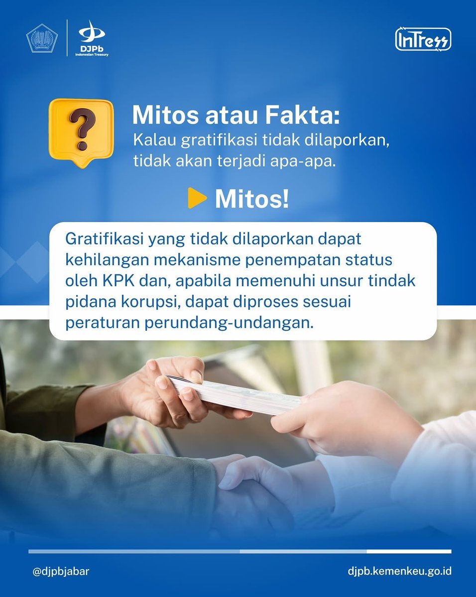 DJPbJabar's tweet photo. Gratifikasi hanya berupa uang? Pemberian bernilai kecil pasti bukan gratifikasi?
Tidak sesederhana itu. Bentuk, konteks pemberian, hubungan pemberi dan penerima, serta kaitannya dengan jabatan juga perlu diperhatikan.
#DJPbJabar #DJPbHAnDAL #IndonesianTreasury https://t.co/I4gQI2Wpbz