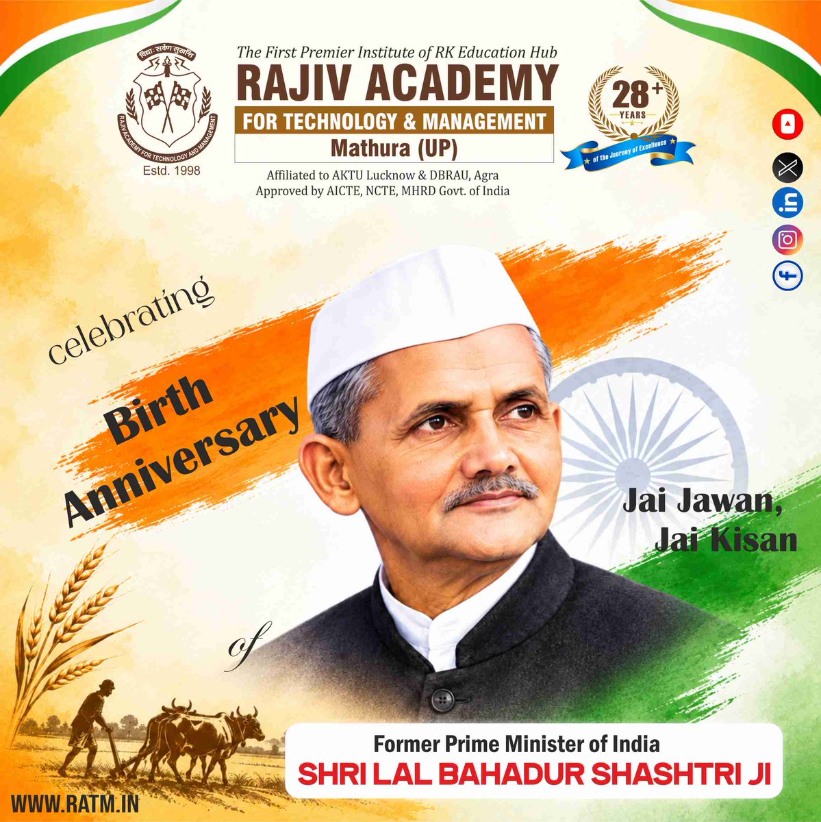 RATM_Mathura's tweet photo. "Jai Jawan Jai Kisan"
#RATM #Celebrating #Birth Anniversary #Former Prime Minister of India Shri Lal Bahadur Shashtri Ji. https://t.co/tXPih37ea8