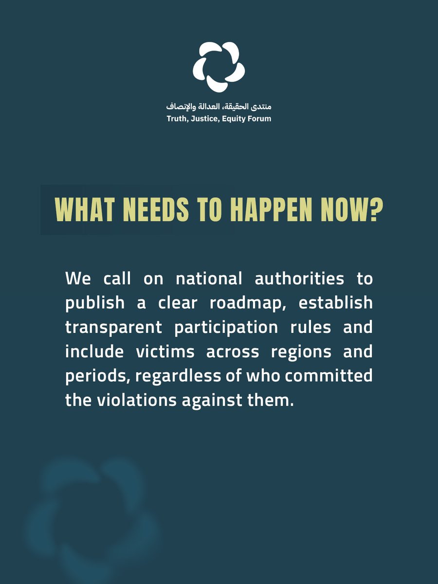 ImpunityWatch's tweet photo. Among the recommendations, it calls for a clear #TransitionalJustice roadmap, a transparent participation policy, &amp; stronger public communication.

Read the full report (available in Arabic and English): https://t.co/xlnboiMYWO https://t.co/iPWbuFzbzm