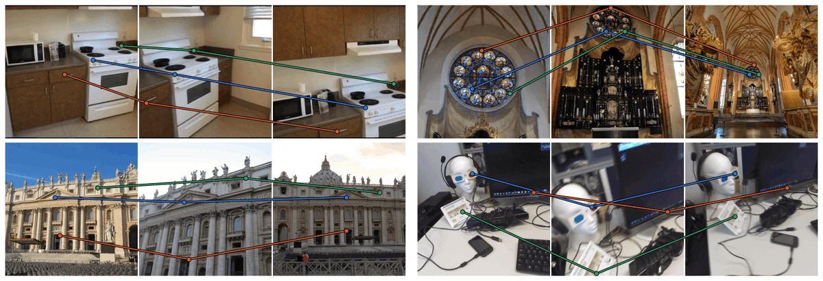 davnords's tweet photo. Today we release Poincar3, our newest 3D model trained entirely through SSL on RGB image sequences.

I find the coolest thing is that, without labels, it learns multi-view geometry. Just using the attention map, reliable tracks can be formed (see below).
https://t.co/P1nShNSMR6 https://t.co/q6zci5ltc4