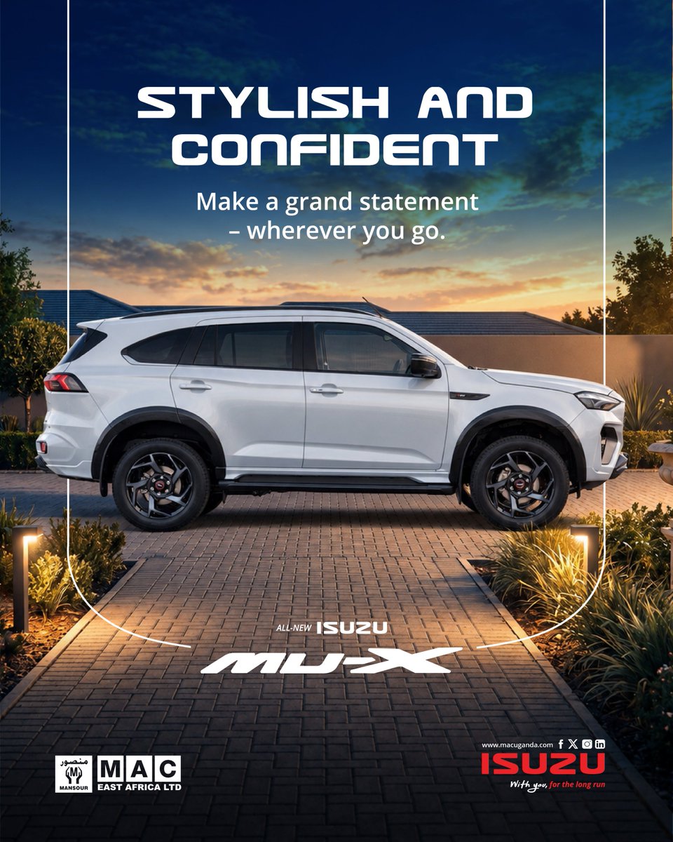 IsuzuUganda's tweet photo. Built to look the part and perform when it matters.

From the bold design and 20” gloss black alloy wheels to adaptable seating, an adjustable steering wheel and smooth 6-speed automatic transmission, the All-New Isuzu MU-X is made for every side of the journey.

Style, comfort and capability all in one SUV.

Discover the All-New Isuzu MU-X at https://t.co/bIoTmM4lRW or call +256 (0)414 252 810.

 #WithYouForTheLongRun #IsuzuMUX