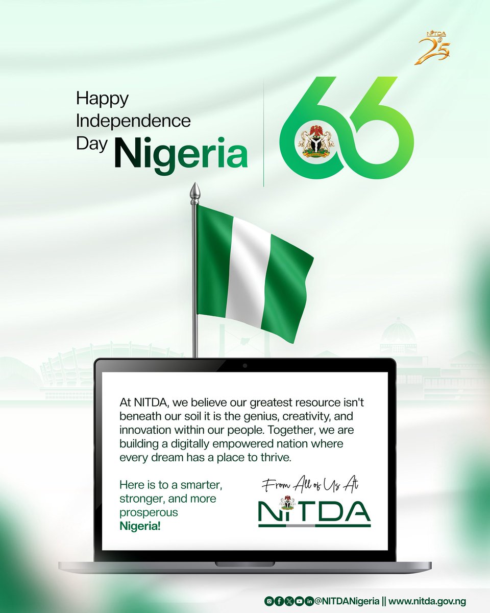 NITDANigeria's tweet photo. Happy 66th Independence Day, Nigeria 🎉🎉

Today, we celebrate 66 years of resilience, diversity, and the unstoppable Nigerian spirit🇳🇬🇳🇬🇳🇬 https://t.co/8xFHPQk5vx