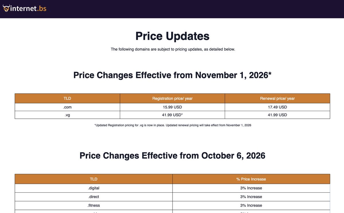 Smadaleno's tweet photo. Hausse brutale chez @internetbs à partir du 1er novembre 😬
Enregistrement d'un domaine : 11,30 € ➡️ 15,99 € (+41,5 % d'augmentation)
Renouvellement : 11,95 € ➡️ 17,49 € (+46,4 %).

Une recommandation @Elliottlechat @onlinestratfr pour la migration vers un autre registrar ? https://t.co/XvajcfJDsQ