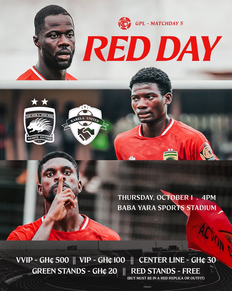 AsanteKotoko_SC's tweet photo. It’s the #RedDay, kindly note that free entry for this afternoon’s fixture is only designated for the Red stand.

#KotokoKarela https://t.co/5aYirwGwFt